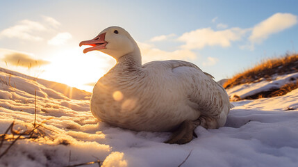 A lost wild young goose rolling down a hill in winter created with Generative Ai