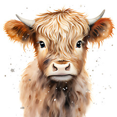 cute baby highland cow watercolor illustration - obrazy, fototapety, plakaty