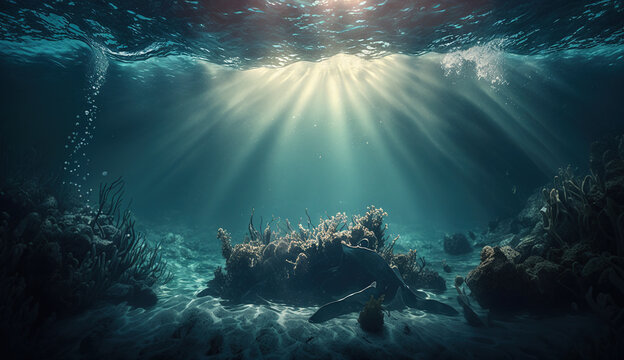 Under Ocean of Tropical Seabed With Reef And Sunshine Landscape Background