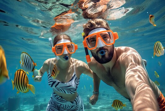 Couple snorkeling to see the beauty of coral and sea fish