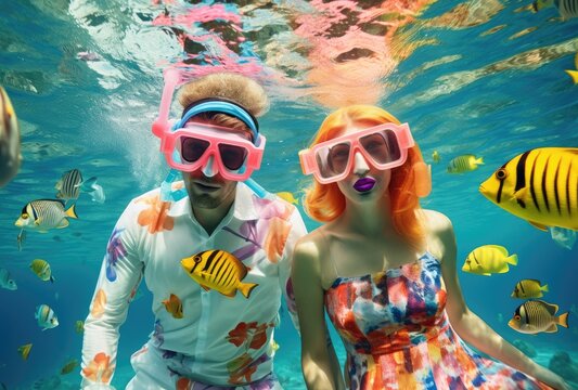 Couple snorkeling to see the beauty of coral and sea fish
