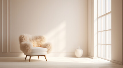 Fototapeta na wymiar Minimal interior design of a empty white room with fur beige armchair. Copy space. Boho style. Generative AI