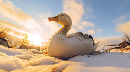 A lost wild young goose rolling down a hill in winter created with Generative Ai