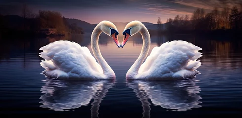 Foto op Canvas A picture of two swans in the pond, at night. © zakiroff