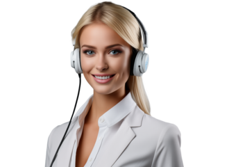 portrait of a young woman customer service representative wearing headphones in white clothes with a gentle smile, providing support and assistance for call center