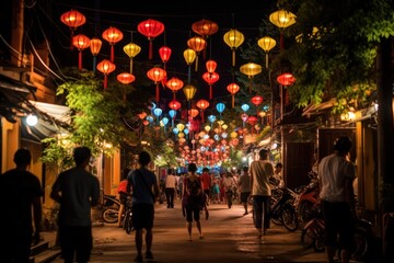 tourists walking under colorful lights lanterns at Hoi An lantern festival celebration. Full moon celebration in Vietnam.
