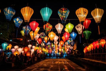 colorful lights lanterns at Hoi An lantern festival celebration. Full moon celebration in Vietnam.