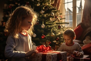 kids opening gifts on christmas morning. Brother and sister holding present box near xmas tree on Boxing Day holiday.