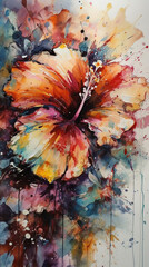 Beautiful Hibiscus Flower Watercolor Fluffy Colorful Contemporary Art Oil Painting