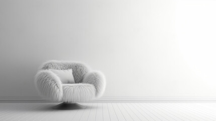 Obraz na płótnie Canvas Minimal interior design of a empty white room with fur armchair. Copy space. Boho style. Generative AI