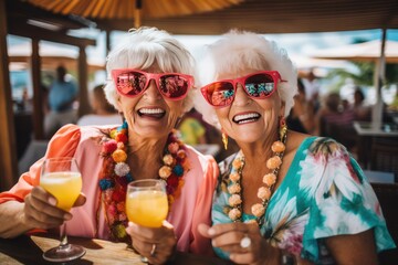 Happy smiling senior women in sunglasses having fun drinking cocktails on vacation. Female friends traveling in summer on cruise ship.