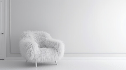 Minimal interior design of a empty white room with fur armchair. Copy space. Boho style. Generative AI - obrazy, fototapety, plakaty