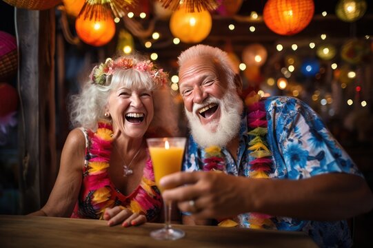 Senior couple celebrating christmas party at tropical island beach bar. Retired man and woman at new year party on vacation. - Powered by Adobe