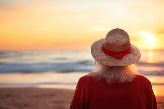 senior woman from behind wearing hat on the beach looking at sunset