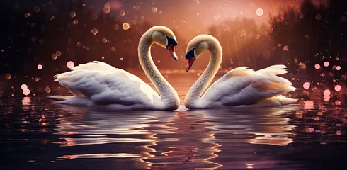  A picture of two white swans in the water with hearts in the water. Sparkles. © zakiroff