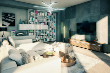 Penthouse Open Area Living Room With Cosy Modern Furniture - 3D Visualization