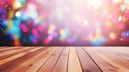 Naklejka na ściany i meble Empty wooden floor for mockup on the background of a multicolored rainbow bright wall with colorful sparks