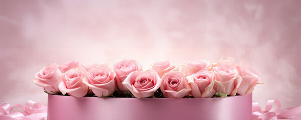 A picture of pink roses in the pink box with pink ribbons on the background.