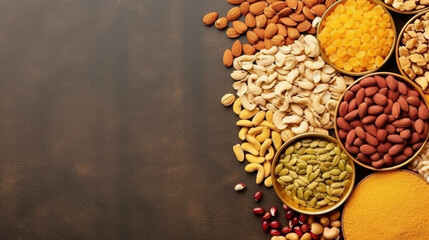 Top View of Delicious Dry Fruits with Copy Space on Blurry Dark Texture Background Image