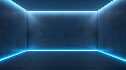 Interior of a modern futuristic empty room. Blue walls and neon light. Apartment with minimal design. Copy space. Generative AI