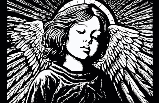 A black and white image of a child angel.