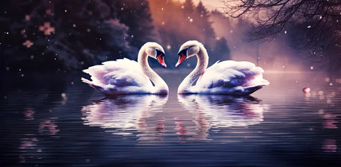 Fototapete Rund A picture of two loving white swans in the lake with hearts and flowers. © zakiroff