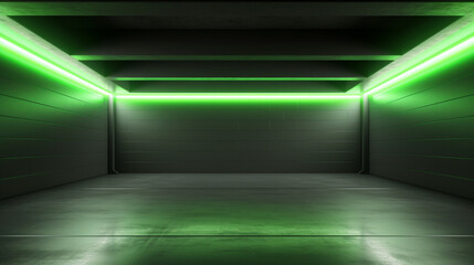 
Futuristic green neon light illumination in dark gray empty concrete corridor. Modern design interior. Copy space. Generative AI

