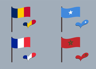 Set of flags (Chad, Somalia, Saint Martin, Morocco). Heart in flag colors. Set of national symbols.