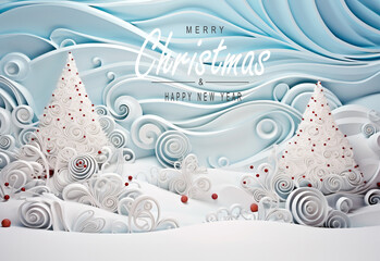 Winter scene of a fantasy world. Merry Christmas and new year greeting card. Christmas text Calligraphic