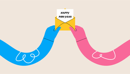 Human hands are holding an open envelope with a letter. Concept happy new year. Colorful vector illustration