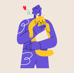 Man hugging cat. Care and love, comfort and coziness. Colorful vector illustration