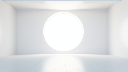 Interior of a minimal empty white room with abstract round window. Generative AI