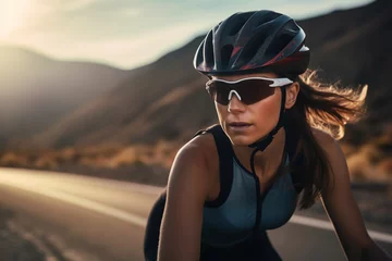 Wandcirkels tuinposter One athletic young woman cycling outside, Sporty fit female wearing helmet and glasses while riding a bike on a road along the mountain for exercise, Endurance and cardio during a workout and training © alisaaa