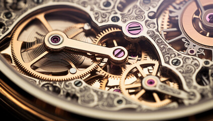 Mechanism, clockwork of a watch with jewels, close-up. Vintage luxury background. Time, work concept. - obrazy, fototapety, plakaty