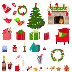 Set of Christmas objects, symbols of Christmas and New Year on white isolated background.
