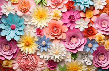 Colourful handmade paper flowers on background.