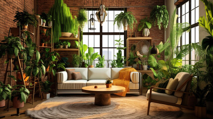 Living Room With Sofa and Green Home Plants Stylish Interior Background