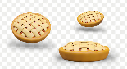 Double crust pie with lattice. Classic pastry with sweet filling. Vector object in different positions. Illustration for bakery, cooking blog, baking school