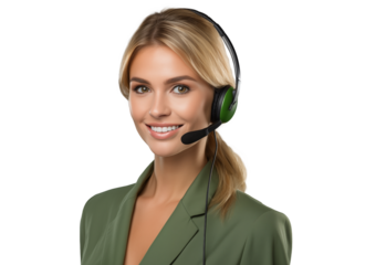 portrait of a young woman customer service representative wearing headphones in green clothes with a gentle smile, providing support and assistance in call center