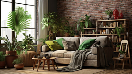 Fototapeta premium Living Room With Sofa and Green Home Plants Stylish Interior Background