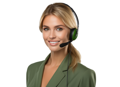 portrait of a young woman customer service representative wearing headphones in green clothes with a gentle smile, providing support and assistance in call center