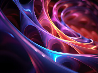 Graphic design art of an abstract spiral with pink and violet neon lines and geometric shapes.