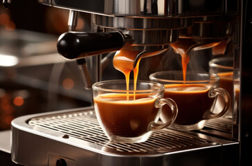 Fototapeta premium Close-up of espresso pouring from coffee machine. Professional coffee brewing