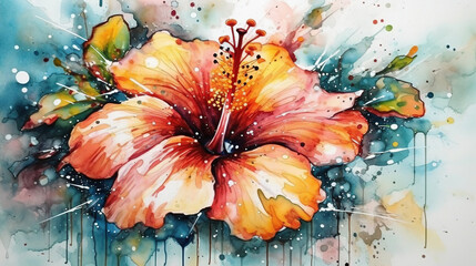 Beautiful Hibiscus Flower Watercolor Fluffy Colorful Contemporary Art Oil Painting