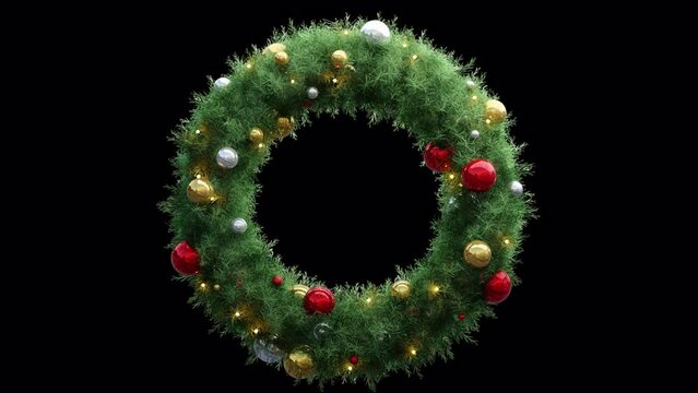3d Christmas wreath with christmas ornament balls and lights. Looped animation. With an alpha channel.