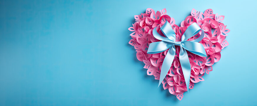 A picture of a Valentine's day gift and ribbons on blue, in the style of light cyan and pink, shaped canvas.