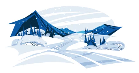 Rolgordijnen winter mountain road. The landscape of the valley of snow. Christmas cold season. Vector flat illustration © Maria