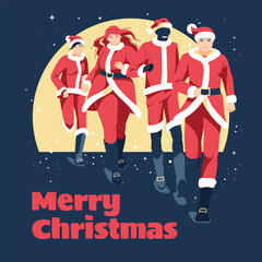 Santa Clauses are running a marathon. Different people dressed in Santa clothes. Vector flat illustration. Sports, healthy lifestyle