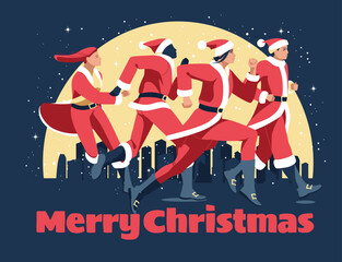 Santa Clauses are running a marathon against the background of the night city. Different people dressed in Santa clothes. Vector flat illustration. Sport, healthy lifestylee - obrazy, fototapety, plakaty