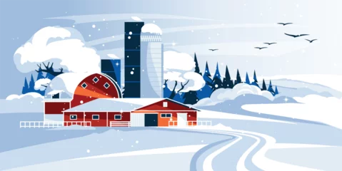 Fototapeten Bauernhof traditional red farmhouse with outbuildings, barn in snowy winter landscape. Flat vector illustration  © Maria